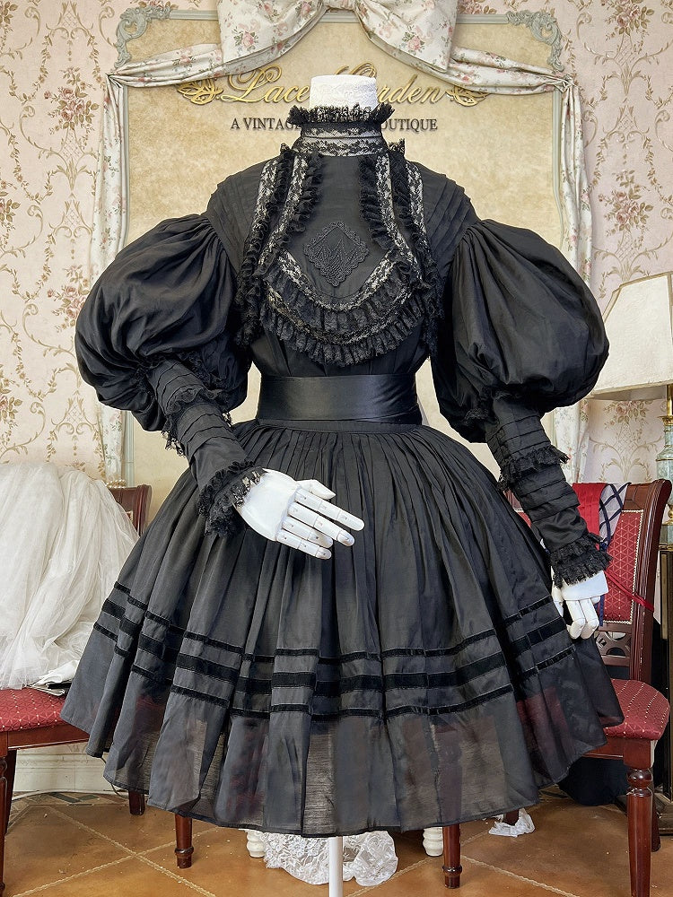 Black High Neck Leg-of-Mutton Sleeves Vintage Lace Blouse