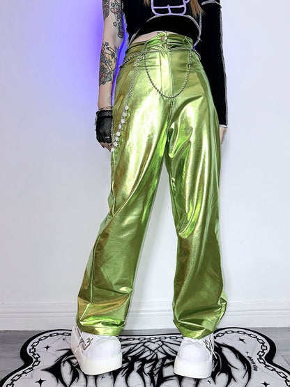 Futuristic Cyberpunk Y3K Metallic Silver/Rose Red/Blue/Green PU Pants