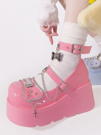 Metal Bones Decorated Pink Platforms Punk Shoes Studs Chain Design