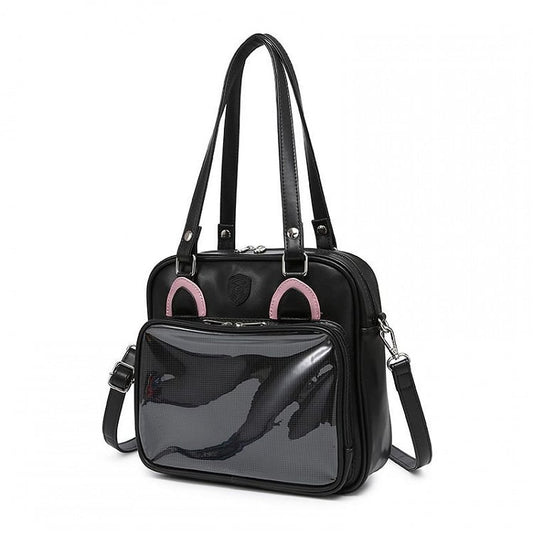 Kitty Ears Design Black and Pink PU Square Ita Bag