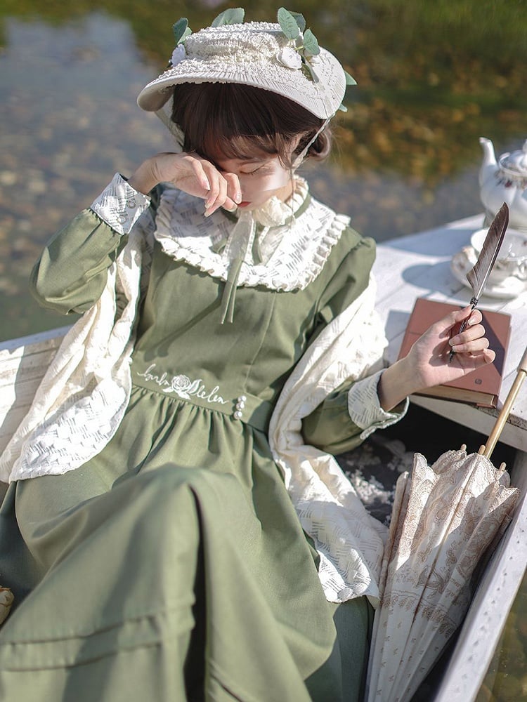 Floral Embroidery Green Vintage Dress Ruffle Neckline Puff Sleeves