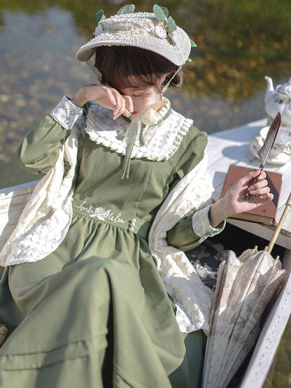 Floral Embroidery Green Vintage Dress Ruffle Neckline Puff Sleeves