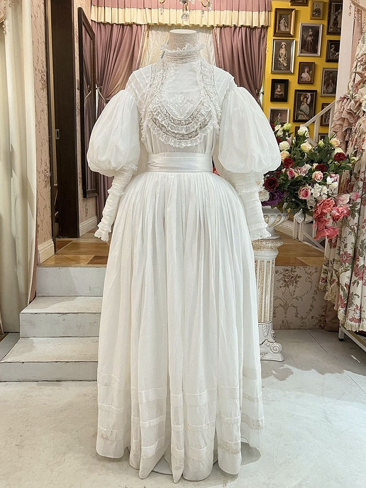 White High Neck Leg-of-Mutton Sleeves Vintage Lace Blouse