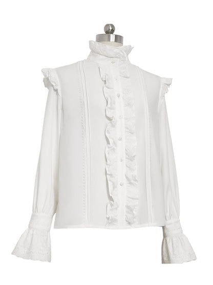 Bunny Theater White Ouji Fashion Long Sleeves Ruffle High Collar Shirt