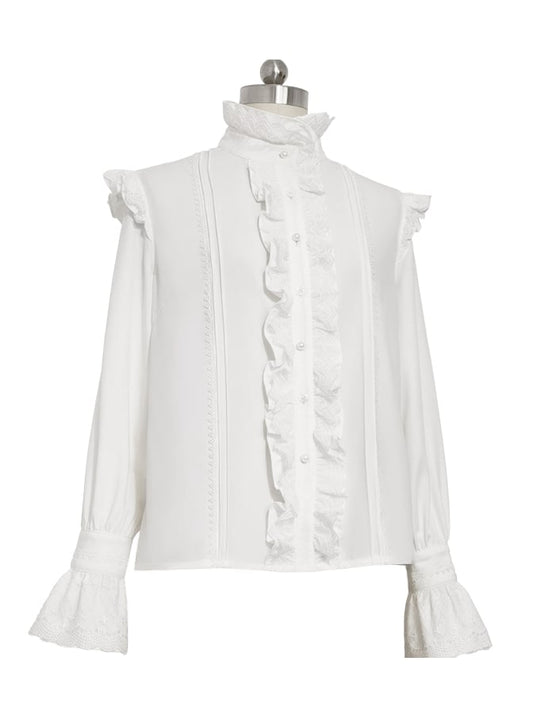 Bunny Theater White Ouji Fashion Long Sleeves Ruffle High Collar Shirt