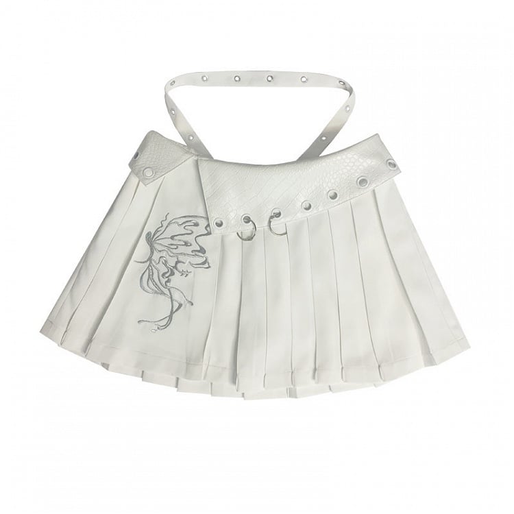 Butterfly Embroidery White Pleated Skirt