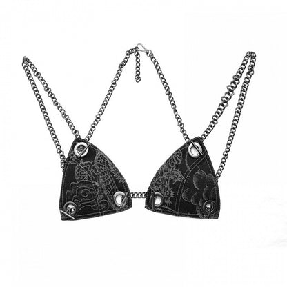 Dragon Pattern Black Denim Chain Bikini with Underwire Cups Coachella Outfits