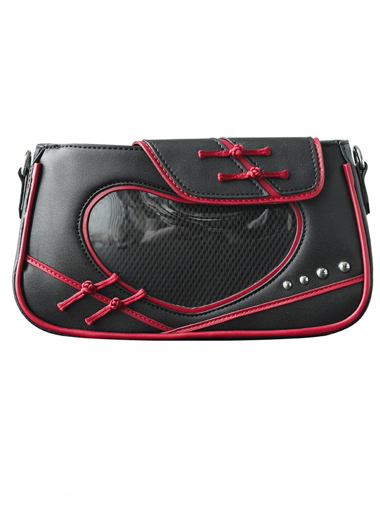 Heart Window Black and Red Qi/Han Style Ita Shoulder Bag Knot Buttons Design