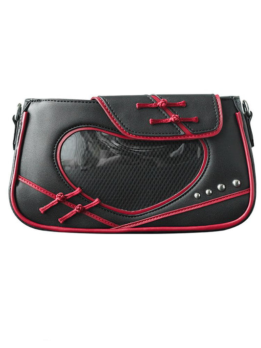 Heart Window Black and Red Qi/Han Style Ita Shoulder Bag Knot Buttons Design