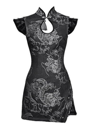 Clearance-Size S for Bust 82CM Black Dragon Pattern Qipao Dress Summer Festival Punk Dress