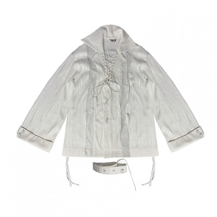 Lace-up Collar Wasteland Punk White Shirt with Waist Belt