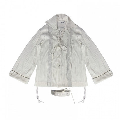 Lace-up Collar Wasteland Punk White Shirt with Waist Belt