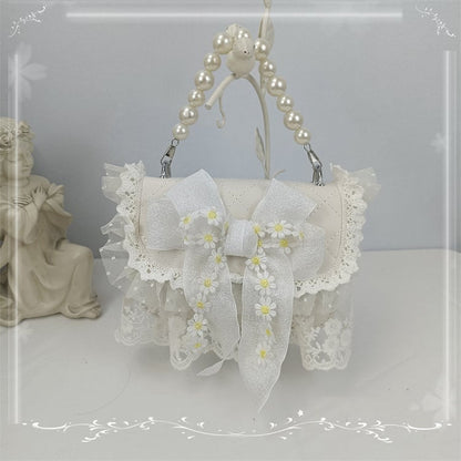 Lace Trim Floral Design Bow White / Beige Shoulder Bag