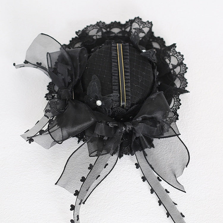 Black Vintage Bowknots Lace Trim Beaded Mini Hat