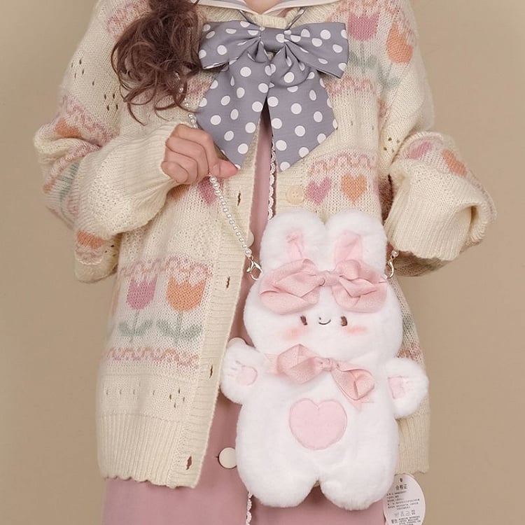 Bowknots Details Rabbit-shaped White /Pink Plush Crossbody