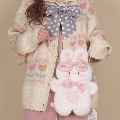 Bowknots Details Rabbit-shaped White /Pink Plush Crossbody