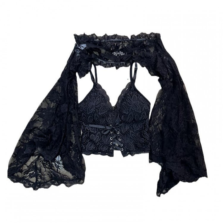 Black Lace Bell Sleeves Shrug and Cami Top Set