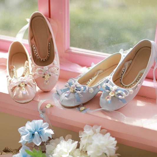 Clearance-Size 43 Roses Design Satin Pink Ballerina Flats with Butterflies Ribbons