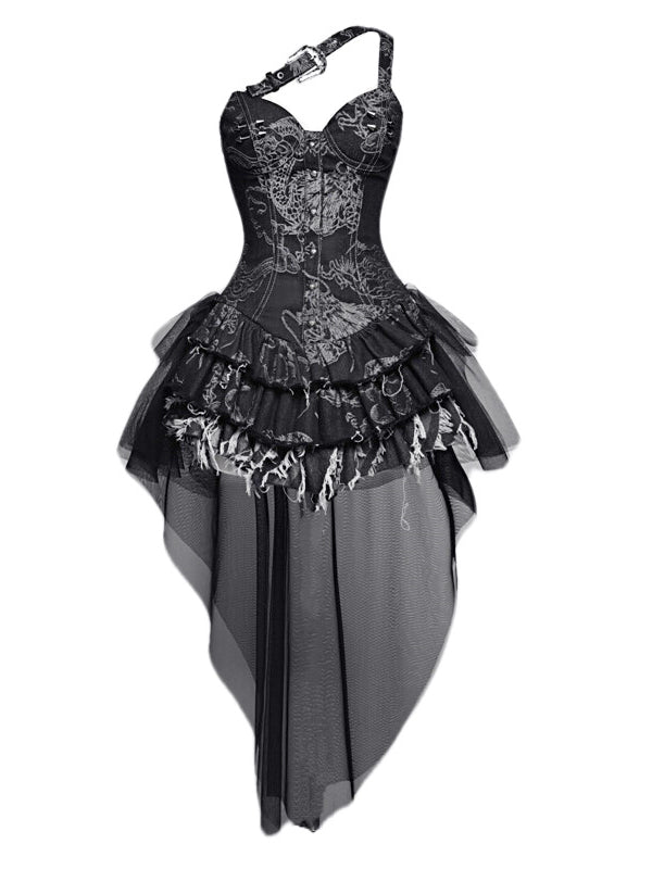 Dargon Pattern Black Denim Corset Dress with Detachable Tulle Hem Summer Punk Festival Dress