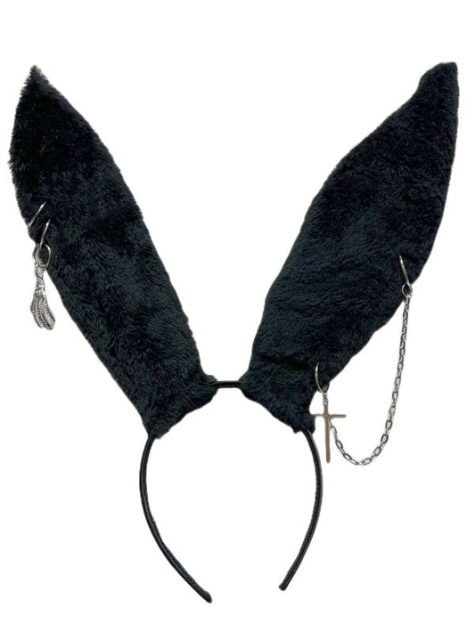 Punk Skeleton Hand and Chain Decorated Black Plush Rabbit Ears KC