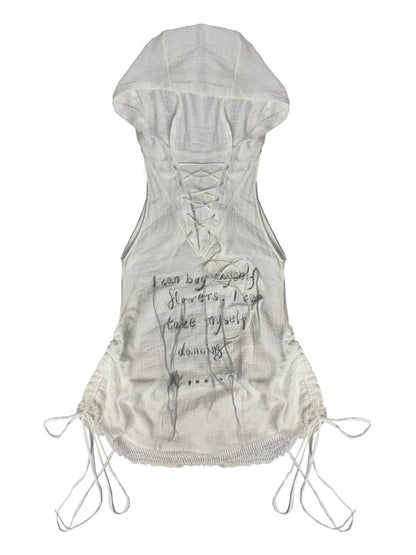 Dune Inspired White Hooded Long Vest Drawstring Hem