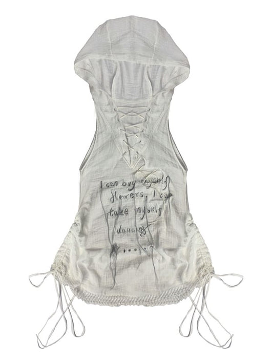 Dune Inspired White Hooded Long Vest Drawstring Hem