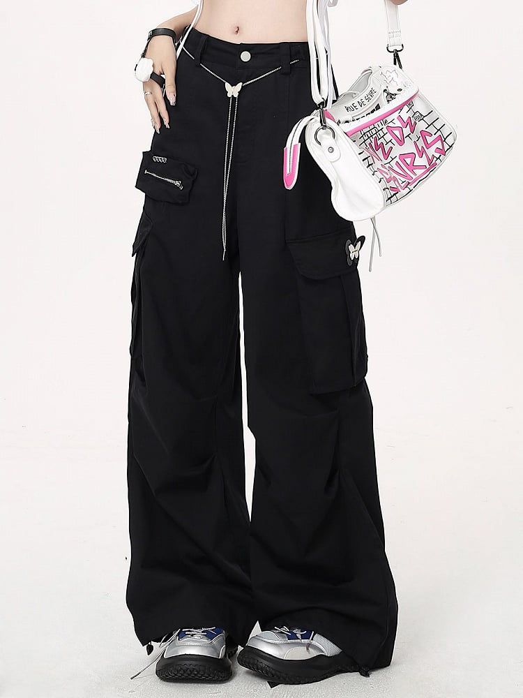 Black Techwear Wide-leg Cargo Pants with Butterfly Waist Chain