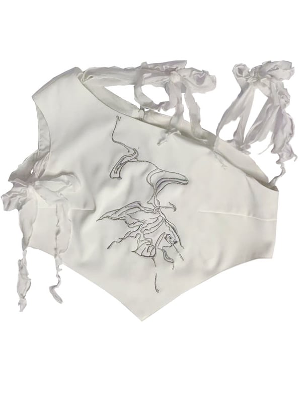 Butterfly Embroidery White Top Selt-tie Straps