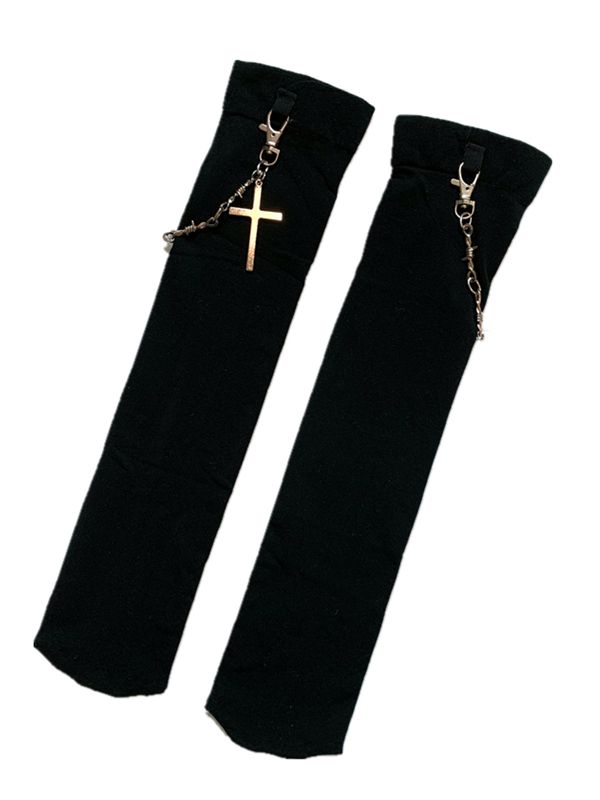 Cross Chain Decorated Black Under Knee Stockings