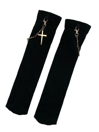 Cross Chain Decorated Black Under Knee Stockings