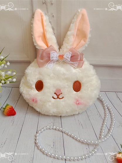Bowknot Detail Milk White Plush Rabbit Head Crossbody