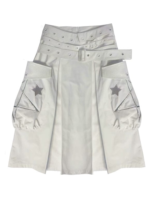 White Box Pleat Long Skirt Star Embroidery Pockets