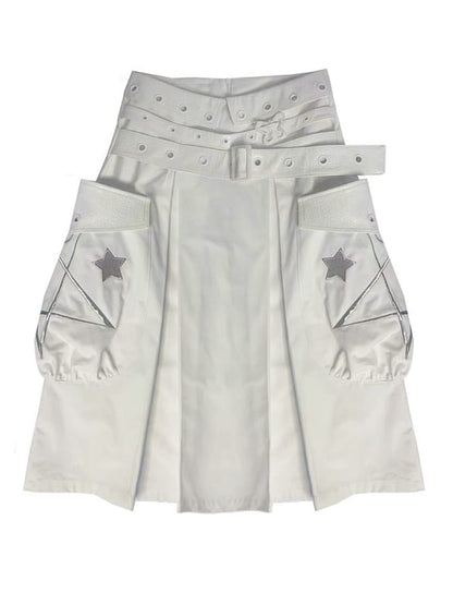White Box Pleat Long Skirt Star Embroidery Pockets