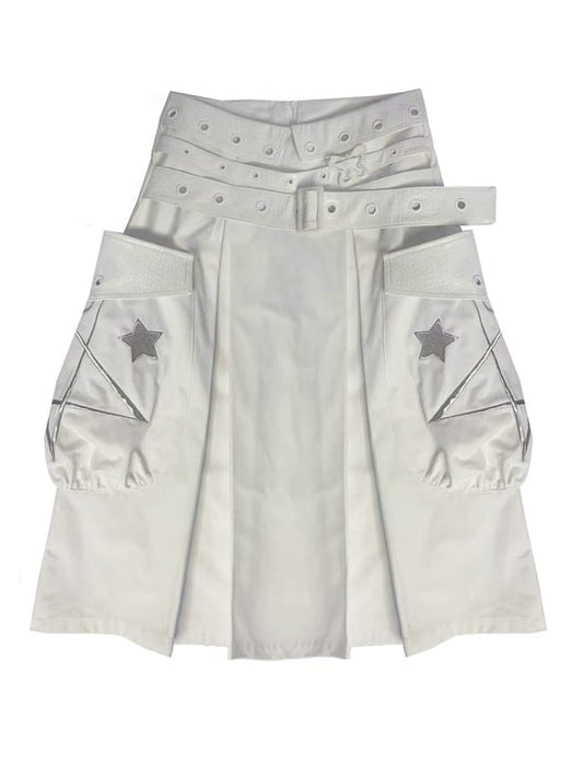 White Box Pleat Long Skirt Star Embroidery Pockets