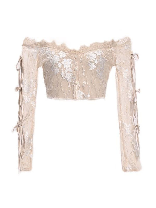 Champagne Crochet Floral Design Lace Crop Top Cutout Sleeves