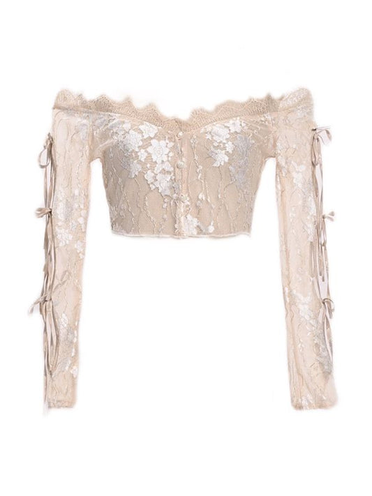 Champagne Crochet Floral Design Lace Crop Top Cutout Sleeves