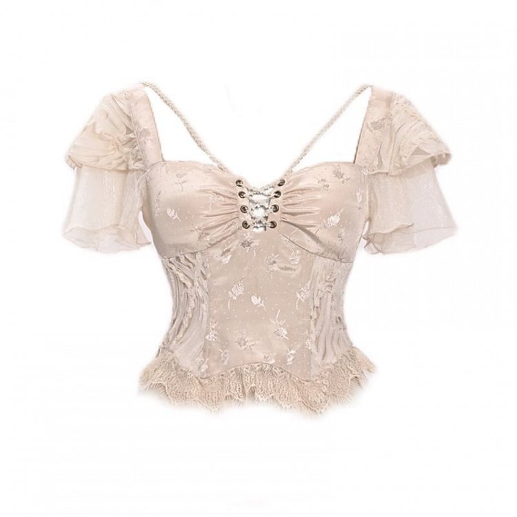 Champagne Lace Hem Lace-up Detail Boned Top Tiered Flutter Sleeves
