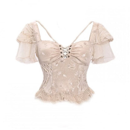 Champagne Lace Hem Lace-up Detail Boned Top Tiered Flutter Sleeves