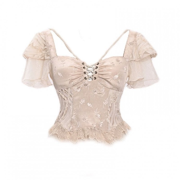 Champagne Lace Hem Lace-up Detail Boned Top Tiered Flutter Sleeves