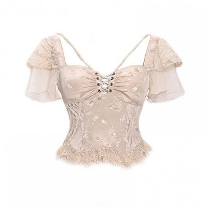 Champagne Lace Hem Lace-up Detail Boned Top Tiered Flutter Sleeves