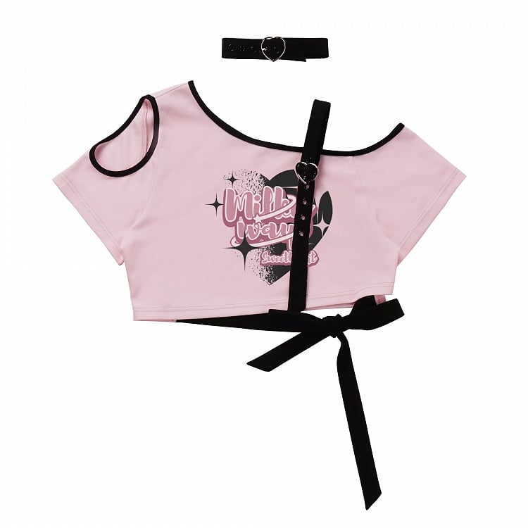 Pink Asymmetrical Open-shoulder Graphic T-shirt with Choker