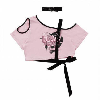 Pink Asymmetrical Open-shoulder Graphic T-shirt with Choker