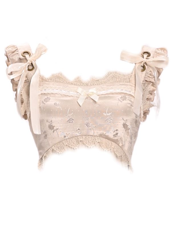 Champagne Lace Trim Bow Cropped Tank Top with Self-tie Straps