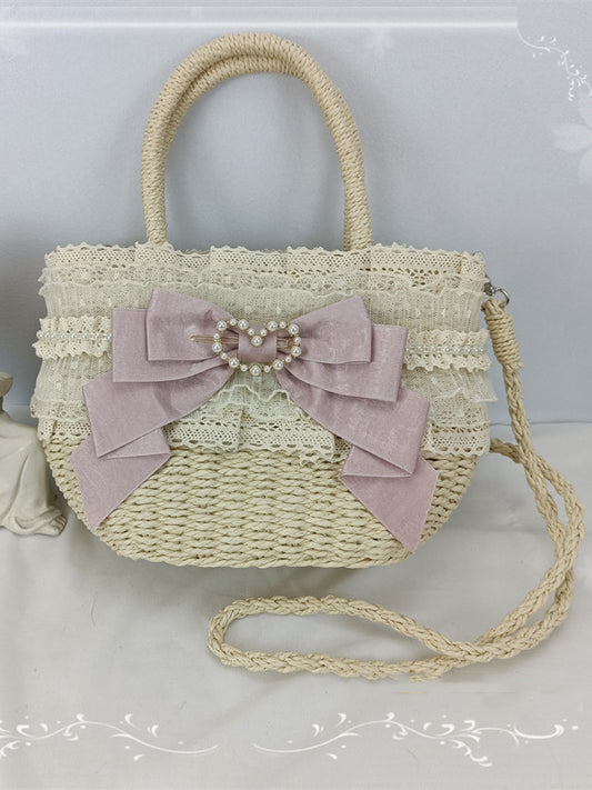 5 Color Options Lace Trim Bow Pastoral Tote Bag