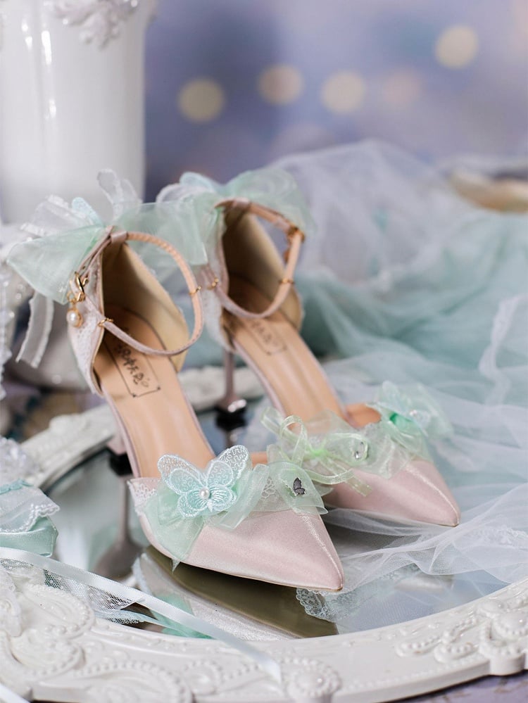 Shadow Between Flowers Butterflies Decorated Light Green 5cm/8cm Hime Lolita High Heels