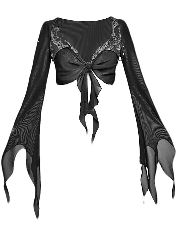 Black Semi-sheer Tulle Cropped Top Denim Collar Coachella Outfits