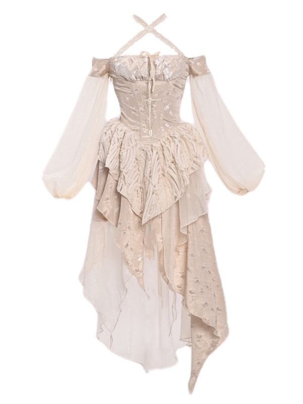 Cross Embroidery Champagne Handkerchief Hem Off Shoulder Dress