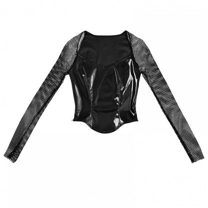 Fishnet Sleeves Black PU Top with Wings Design Straps Coachella Outfits