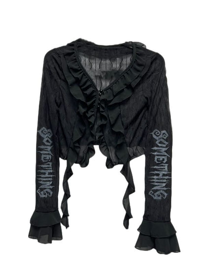 Black Semi-sheer Chiffon Ruffles Crop Top Music Festival Outfits