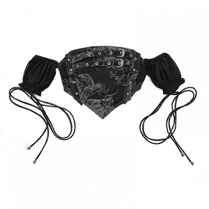 Black Denim Cropped Tube Top with Detachable Puff Sleeves Dragon Pattern Coachella Outfits